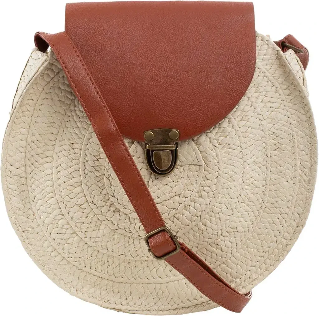 Round, braided beige handbag