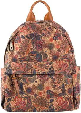 A dark blue backpack made of cork with a pocket