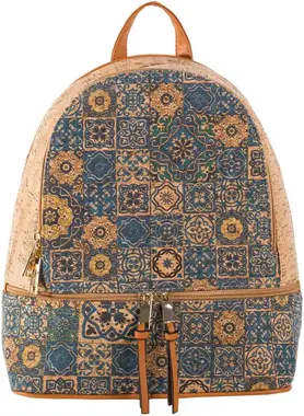 Blue/brown patterned backpack with zippers