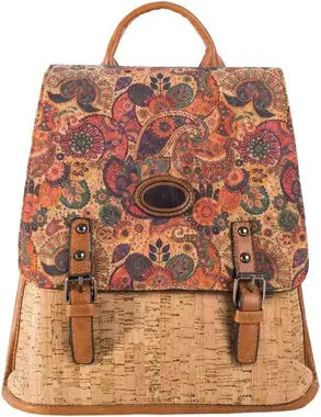 Light brown patterned backpack with decorative stripes