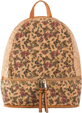 Light brown patterned backpack with zippers