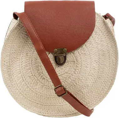 Round, braided beige handbag